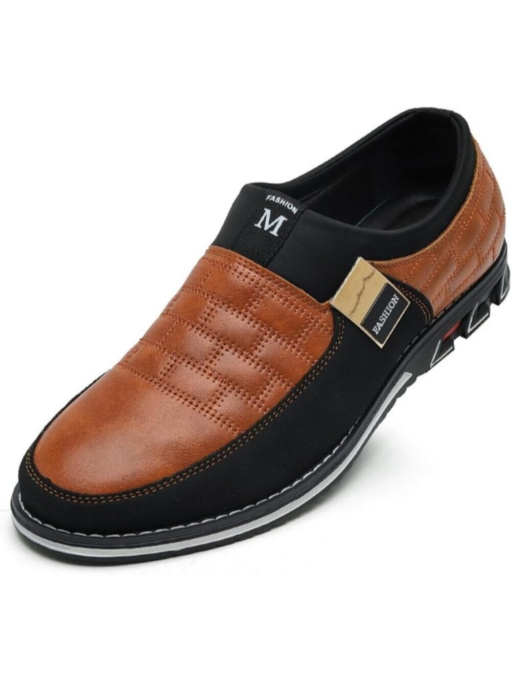Men's Brown Plaid Grid Gold Hardware Slip-on Business Loafer Leather Dress Shoes